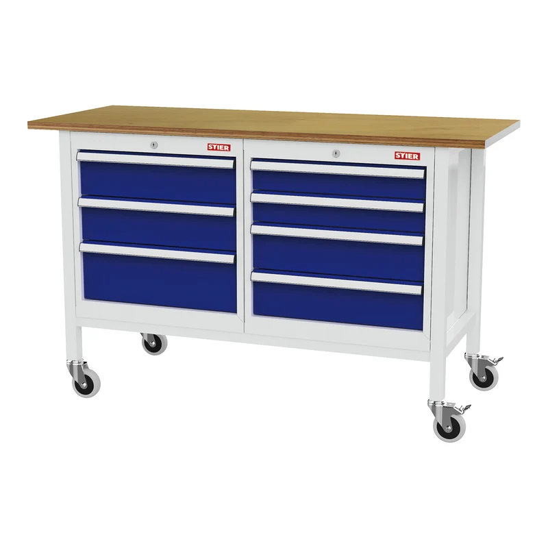 STIER Mobile Kastenwerkbank mit 4 Schubladen und 2 Holzfachböden BxTxH 1300x600x960 mm RAL 7035 / RAL 5010