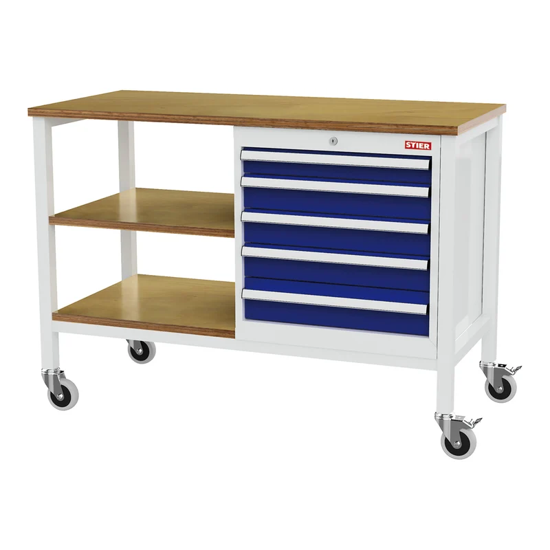 STIER Mobile Kastenwerkbank mit 4 Schubladen und 2 Holzfachböden BxTxH 1300x600x960 mm RAL 7035 / RAL 5010