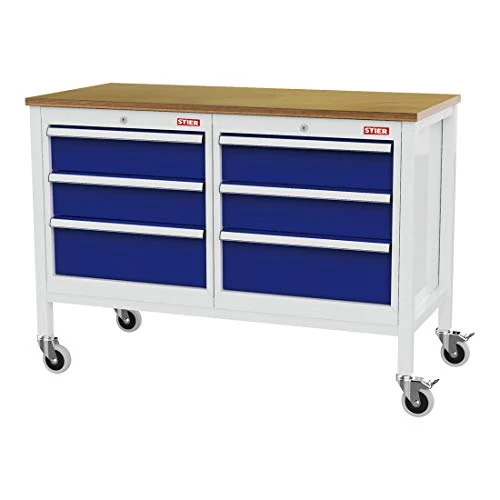 STIER Mobile Kastenwerkbank mit 4 Schubladen und 2 Holzfachböden BxTxH 1300x600x960 mm RAL 7035 / RAL 5010