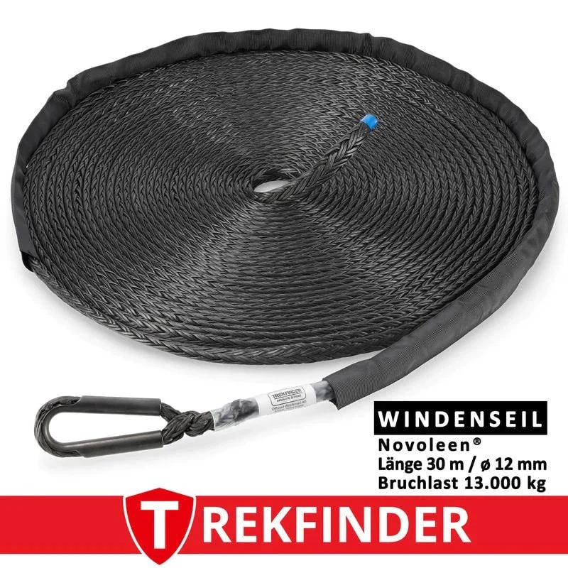 Kunststoffwindenseil aus NOVOLEEN® schwarz - Ø: 12 mm / verschiedene Längen / Systembruchlast: 13 t - inkl. Prüfbuch - von Trekfinder