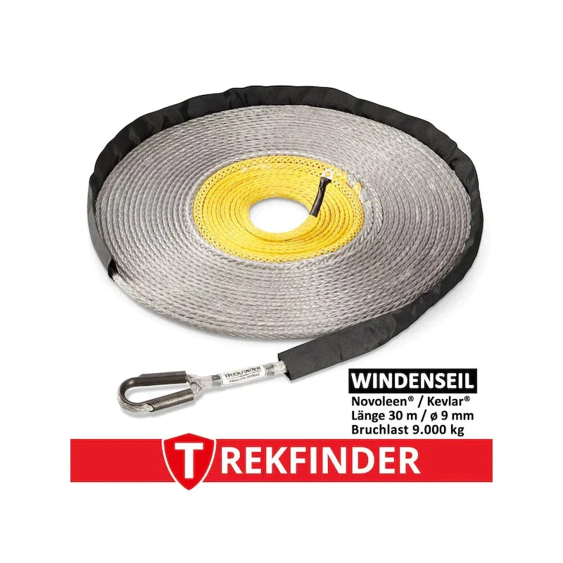 Kunststoffwindenseil aus NOVOLEEN® grau / KEVLAR® gelb - Ø: 9 mm / verschiedene Längen / Systembruchlast: 9 t - inkl. Prüfbuch - von Trekfinder