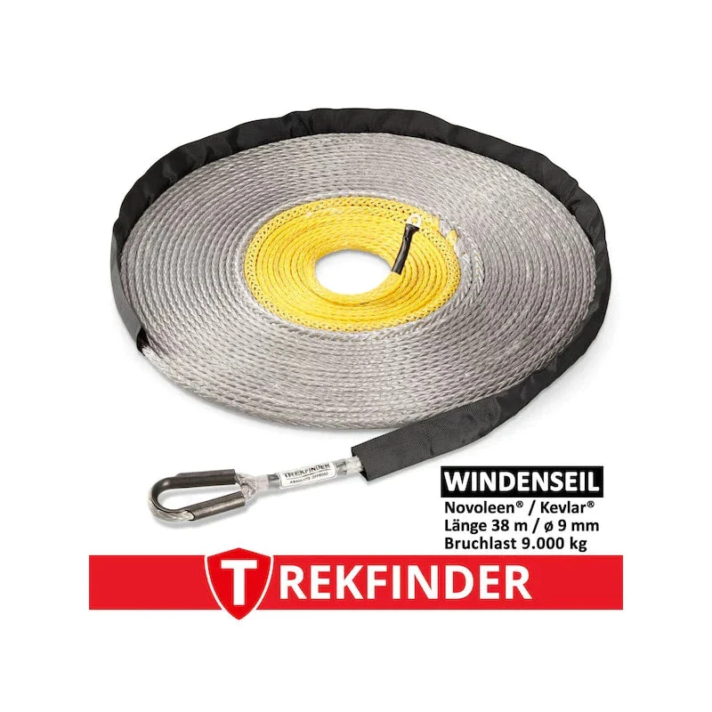 Kunststoffwindenseil aus NOVOLEEN® grau / KEVLAR® gelb - Ø: 9 mm / verschiedene Längen / Systembruchlast: 9 t - inkl. Prüfbuch - von Trekfinder