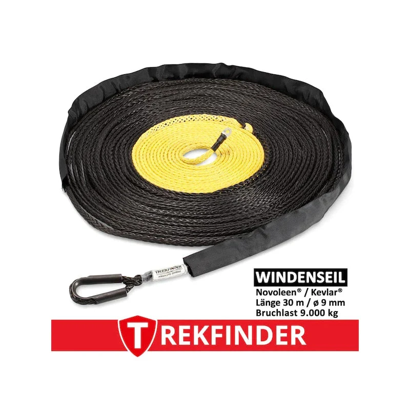 Kunststoffwindenseil aus NOVOLEEN® schwarz / KEVLAR® gelb - Ø: 9 mm / verschiedene Längen / Systembruchlast: 9 t - inkl. Prüfbuch - von Trekfinder