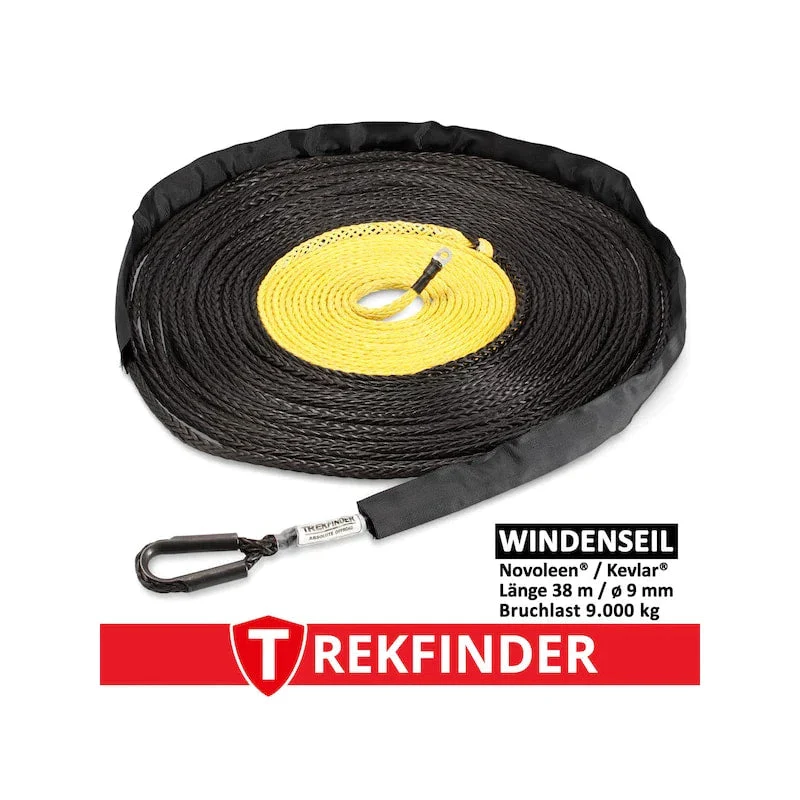 Kunststoffwindenseil aus NOVOLEEN® schwarz / KEVLAR® gelb - Ø: 9 mm / verschiedene Längen / Systembruchlast: 9 t - inkl. Prüfbuch - von Trekfinder