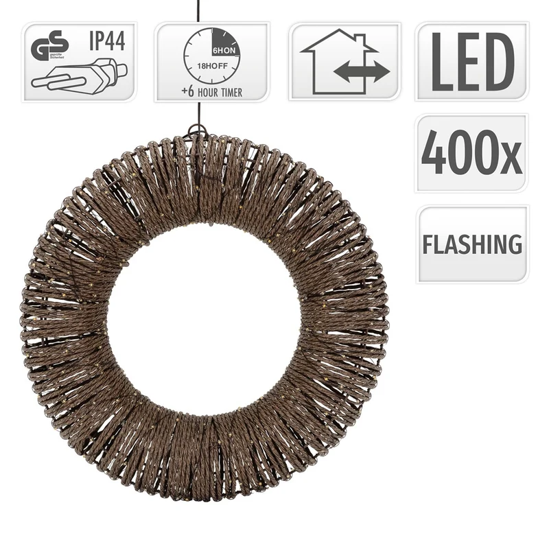 ECD Germany | LED Weihnachtskranz Metall/Seil Warmweiß Weihnachtsdeko mit Lichterkette Timer Lichterkranz Weihnachtsbeleuchtung Außen