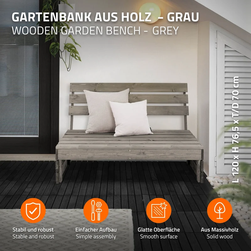B-Ware Gartenbank 3-Sitzer Grau 120x70x76,5 cm aus Massivholz