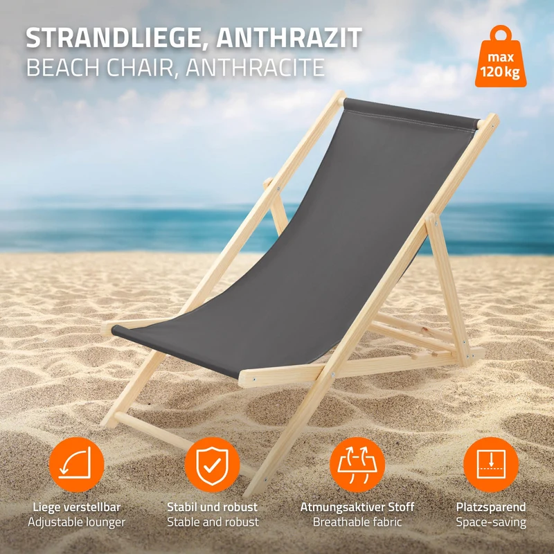 Gartenliege Holz 2er Set Beachstuhl klappbarer Strandstuhl Strandliege Campingliege Sonnenliege Anthrazit Klappliegestuhl Relaxliege