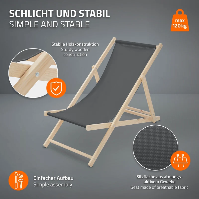Gartenliege Holz 2er Set Beachstuhl klappbarer Strandstuhl Strandliege Campingliege Sonnenliege Anthrazit Klappliegestuhl Relaxliege