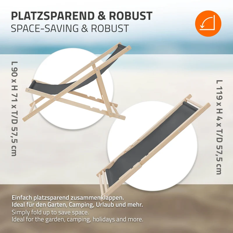 Gartenliege Holz 2er Set Beachstuhl klappbarer Strandstuhl Strandliege Campingliege Sonnenliege Anthrazit Klappliegestuhl Relaxliege