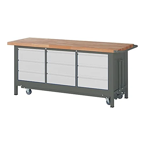 STIER Werkbank Premium mit abs. Fahrgestell, 2 Schubladen und 2 Flügeltüren BxTxH 2000x700x880mm
