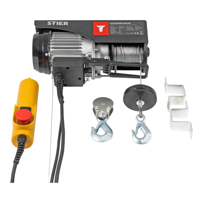 STIER Elektrischer Seilzug 250 bis 999kg Seilwinde Hebehöhe 12m 500 bis 900 W
