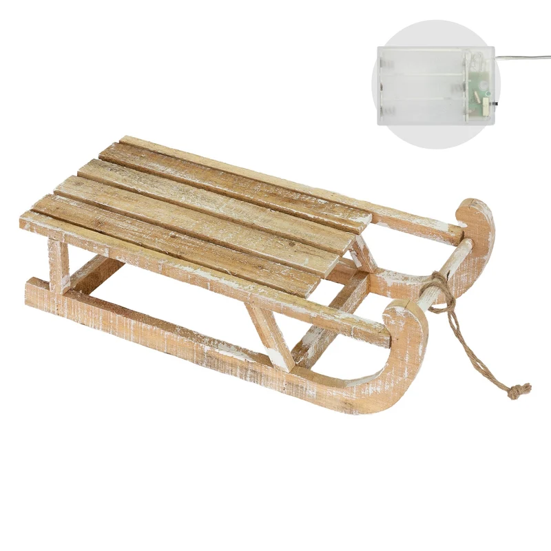 Weihnachtsdeko Schlitten 50,5x13,5x23,5 cm braun aus Holz mit LED