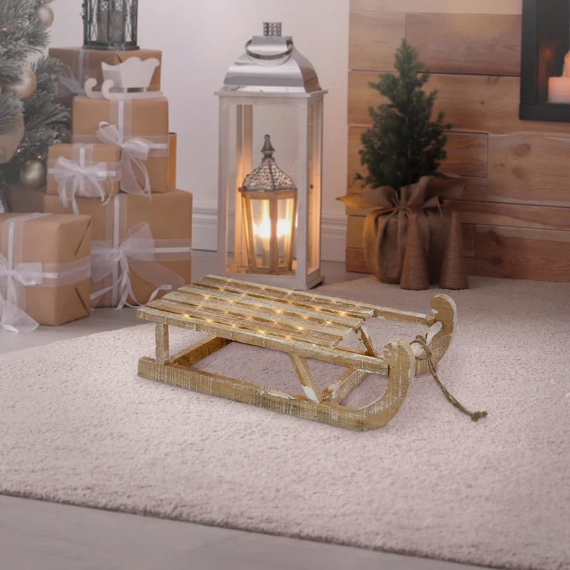 Weihnachtsdeko Schlitten 50,5x13,5x23,5 cm braun aus Holz mit LED