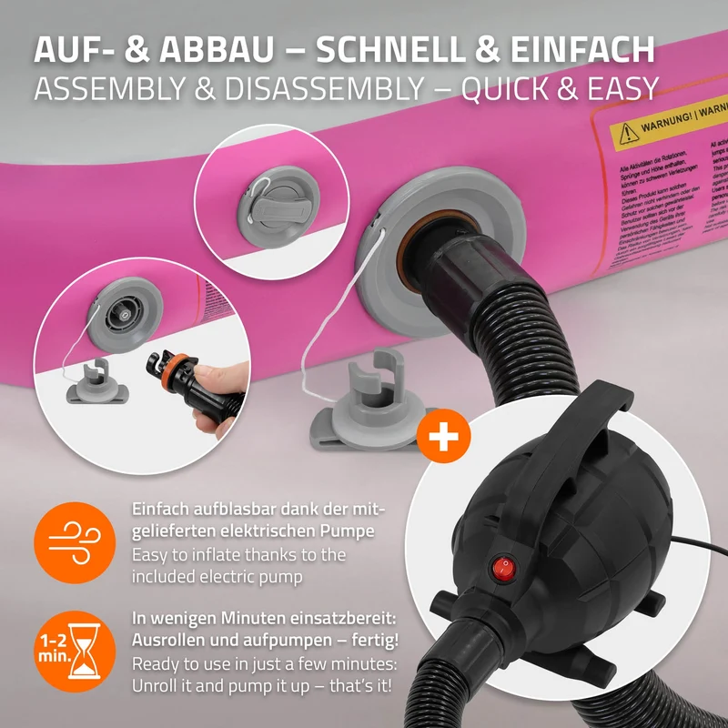 Aufblasbare Gymnastikmatte Turnmatte Airtrack 5m, Rosa, 10cm Dicke, inkl. Tragetasche & elektr. Luftpumpe