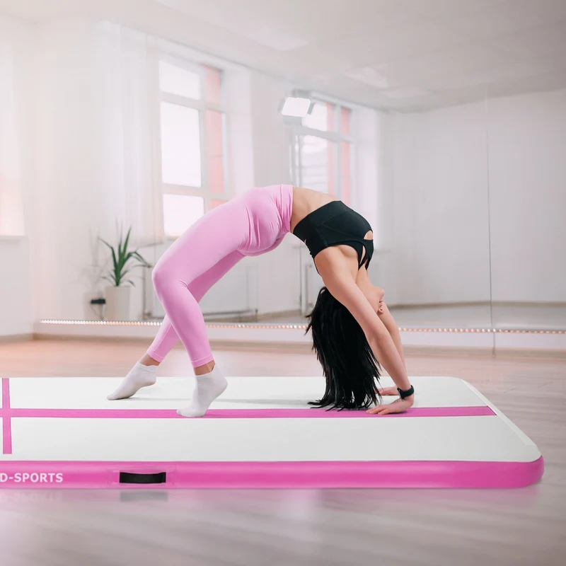 Aufblasbare Gymnastikmatte Turnmatte Airtrack 5m, Rosa, 10cm Dicke, inkl. Tragetasche & elektr. Luftpumpe