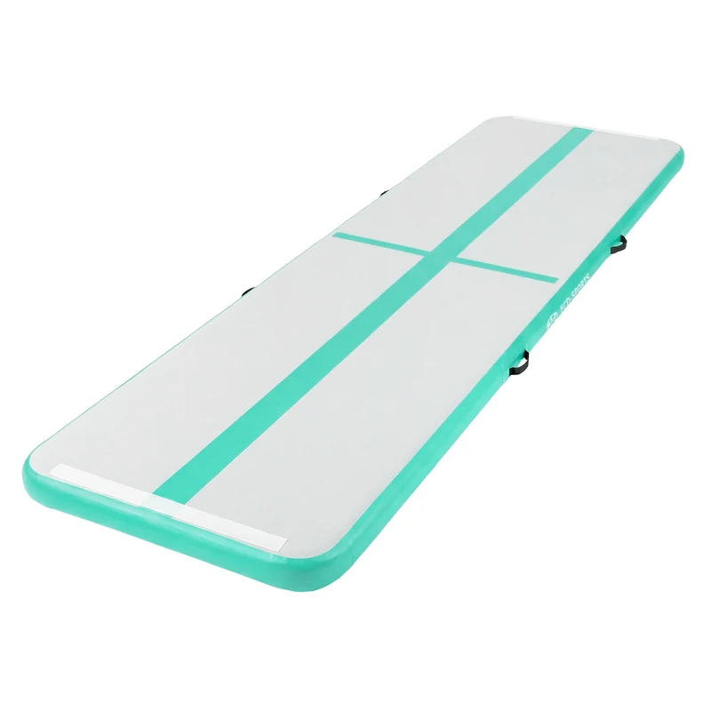 Aufblasbare Gymnastikmatte Turnmatte Airtrack 4m, Grün-Mint, 10cm Dicke, inkl. Tragetasche & elektr. Luftpumpe