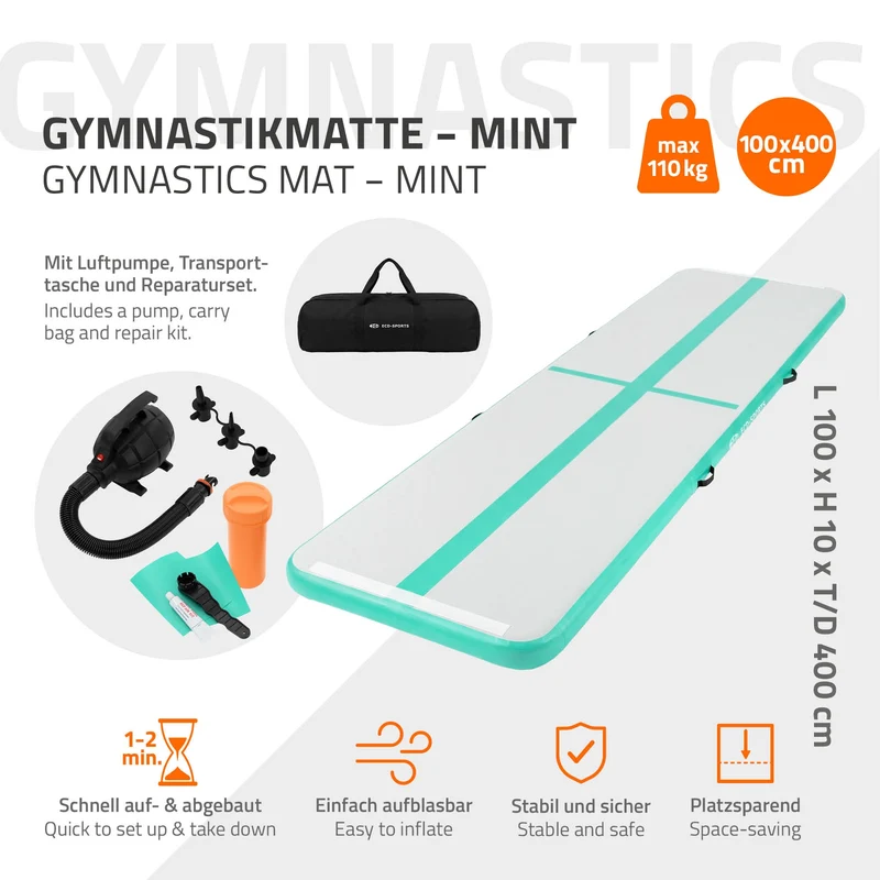 Aufblasbare Gymnastikmatte Turnmatte Airtrack 4m, Grün-Mint, 10cm Dicke, inkl. Tragetasche & elektr. Luftpumpe