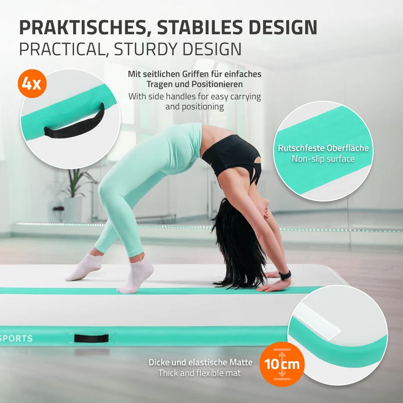 Aufblasbare Gymnastikmatte Turnmatte Airtrack 5m, Grün-Mint, 10cm Dicke, inkl. Tragetasche & elektr. Luftpumpe