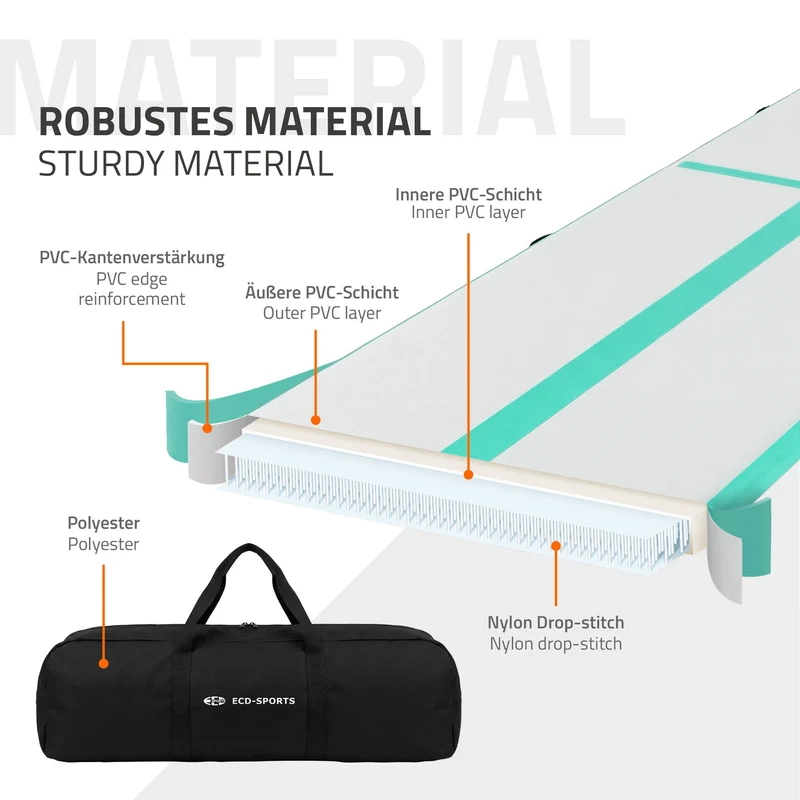 Aufblasbare Gymnastikmatte Turnmatte Airtrack 5m, Grün-Mint, 10cm Dicke, inkl. Tragetasche & elektr. Luftpumpe