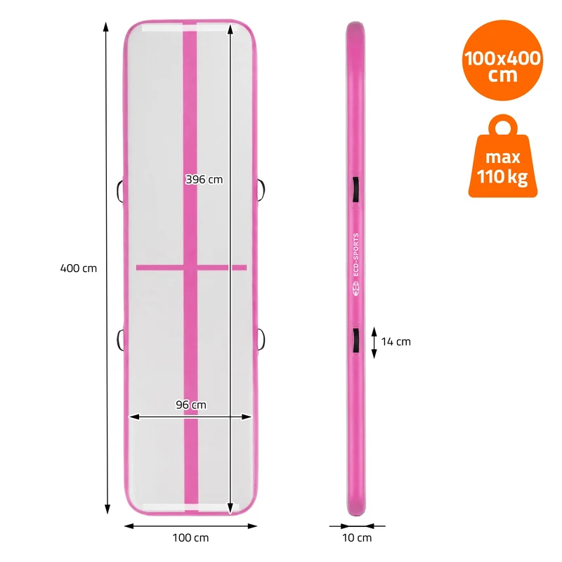 Aufblasbare Gymnastikmatte Turnmatte Airtrack 4m, Rosa, 10cm Dicke, inkl. Tragetasche & elektr. Luftpumpe