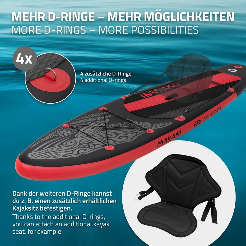 Stand Up Paddle aufblasbares SUP Board Makani 320x80x15 cm in Schwarz/Rot aus PVC inkl. Pumpe und Tragetasche