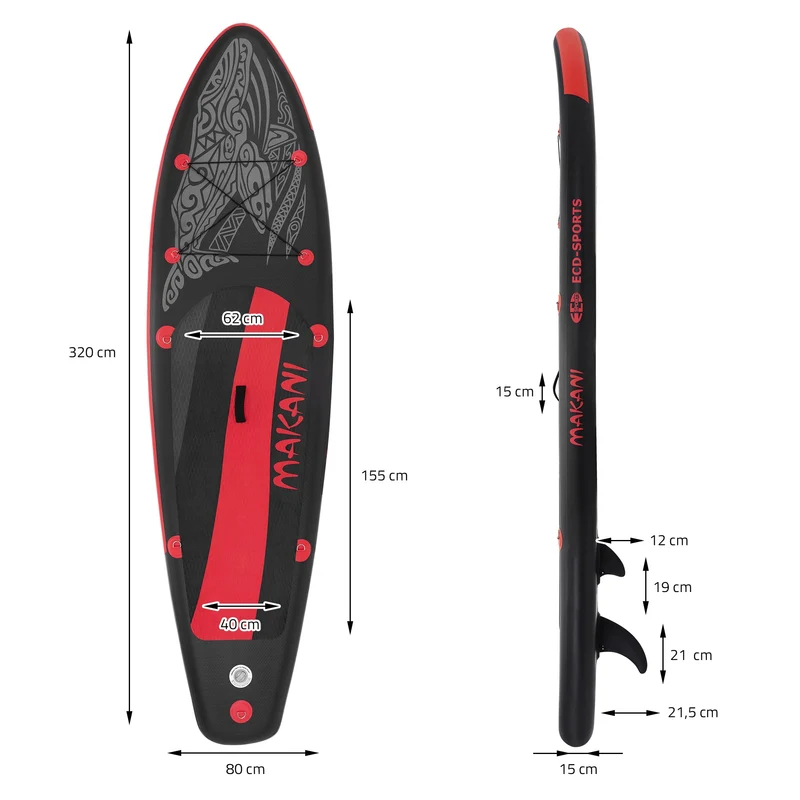 Stand Up Paddle aufblasbares SUP Board Makani 320x80x15 cm in Schwarz/Rot aus PVC inkl. Pumpe und Tragetasche