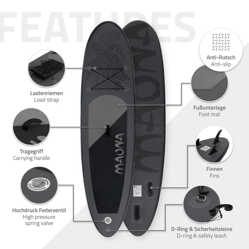 Stand Up Paddle aufblasbares SUP Board Maona 308x76x10 cm in Schwarz aus PVC inkl. Pumpe und Tragetasche