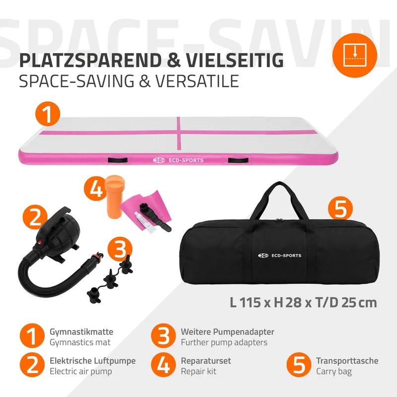 Aufblasbare Gymnastikmatte Turnmatte Airtrack 3m, Rosa, 10cm Dicke, inkl. Tragetasche & elektr. Luftpumpe