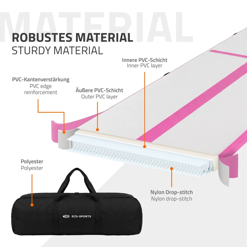 Aufblasbare Gymnastikmatte Turnmatte Airtrack 3m, Rosa, 10cm Dicke, inkl. Tragetasche & elektr. Luftpumpe