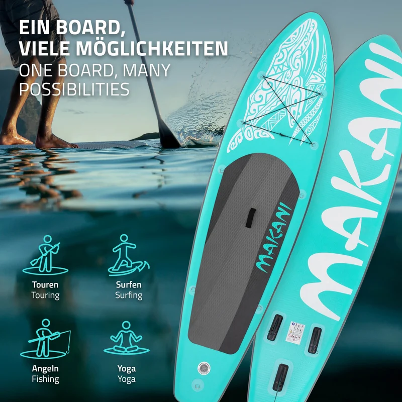 Stand Up Paddle aufblasbares SUP Board Makani 320x80x15 cm in Türkis aus PVC inkl. Pumpe und Tragetasche