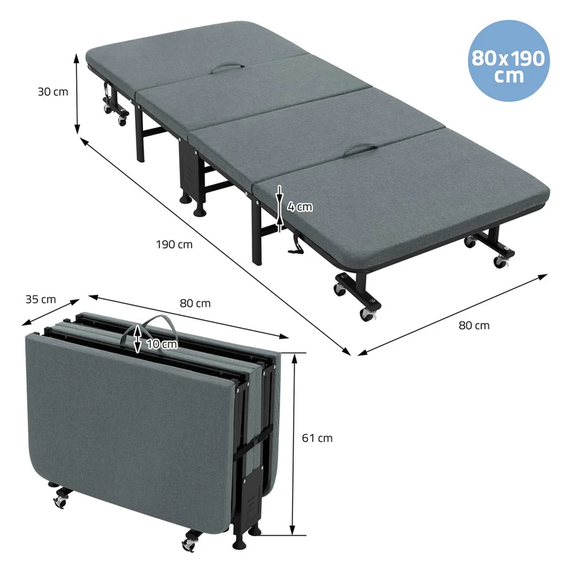 ECD Germany | Klappbares Gästebett mit Matratze, rollbar, für Kinder & Erwachsene bis 200kg belastbar