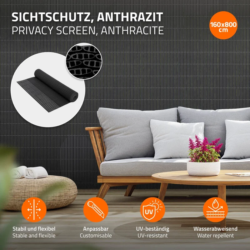 Sichtschutzmatte 160x800 cm Sichtschutzzaun Windschutz Balkonschutz PVC Anthrazit UV-beständig