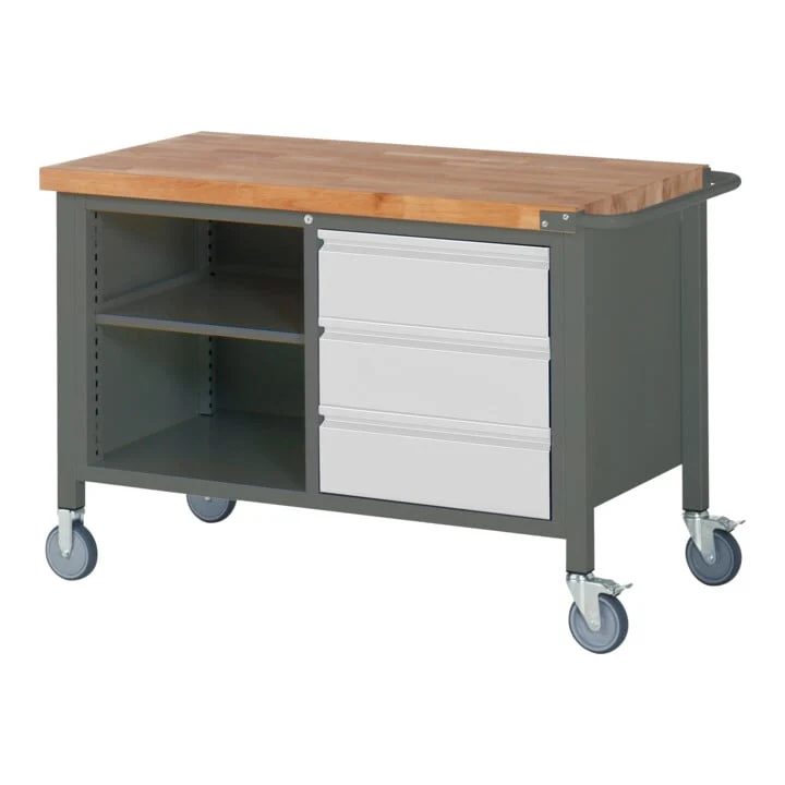 STIER Fahrbare Werkbank Premium mit 3 Schubladen und einem offenen Fach BxTxH 1250x700x880 mm