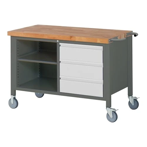 STIER Fahrbare Werkbank Premium mit 3 Schubladen und einem offenen Fach BxTxH 1250x700x880 mm