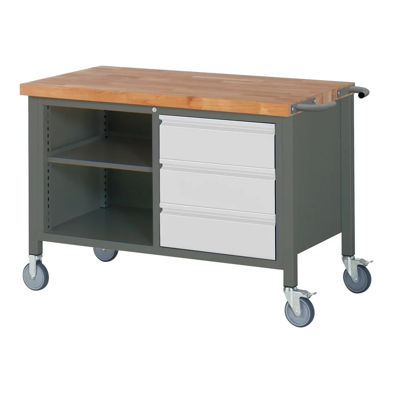 STIER Fahrbare Werkbank Premium mit 3 Schubladen und einem offenen Fach BxTxH 1250x700x880 mm