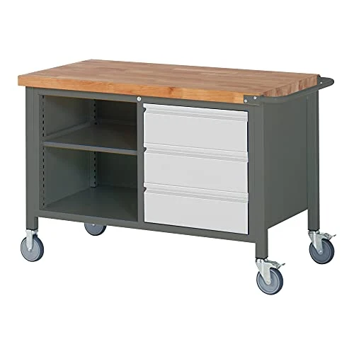 STIER Fahrbare Werkbank Premium mit 3 Schubladen und einem offenen Fach BxTxH 1250x700x880 mm