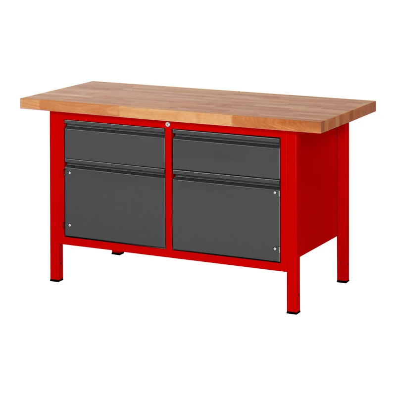 STIER Höhenverstellbare Werkbank Premium mit 2 Schubladen und 2 Flügeltüren BxTxH 1500x700x840-1040mm RAL 3000 / anthrazitmetallic