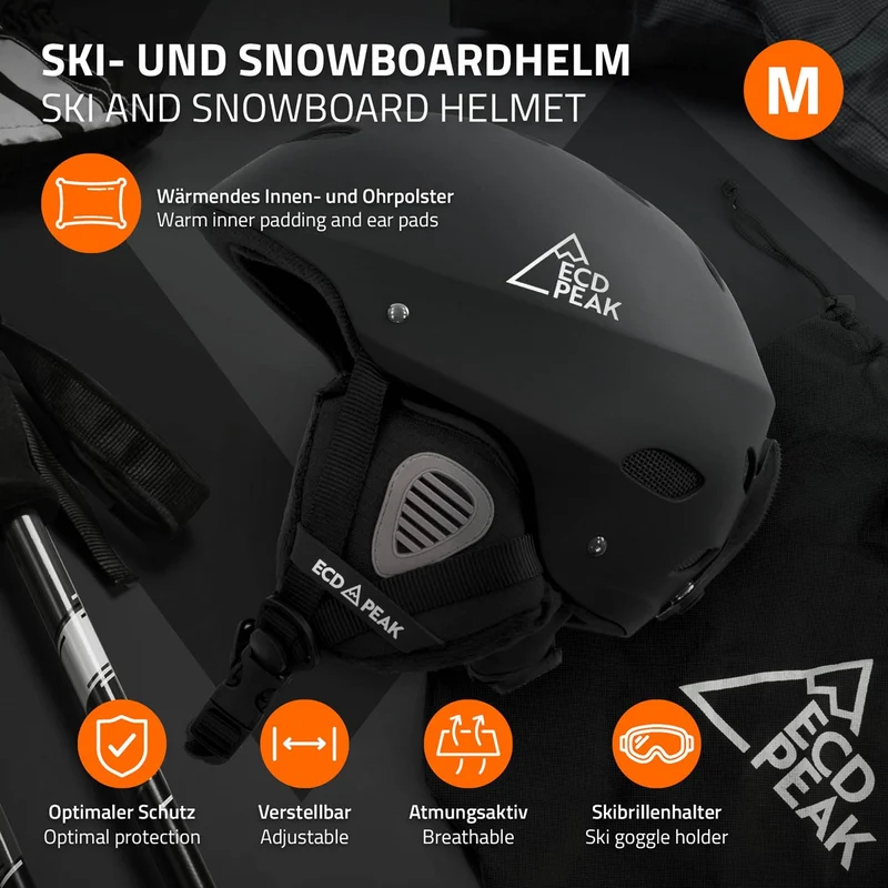 ECD Germany | Skihelm für Herren und Damen M (55-58 cm) Schwarz Snowboardhelm mit Belüftungssystem & Skibrillenhalter, optimaler Schutz & Tragekomfort