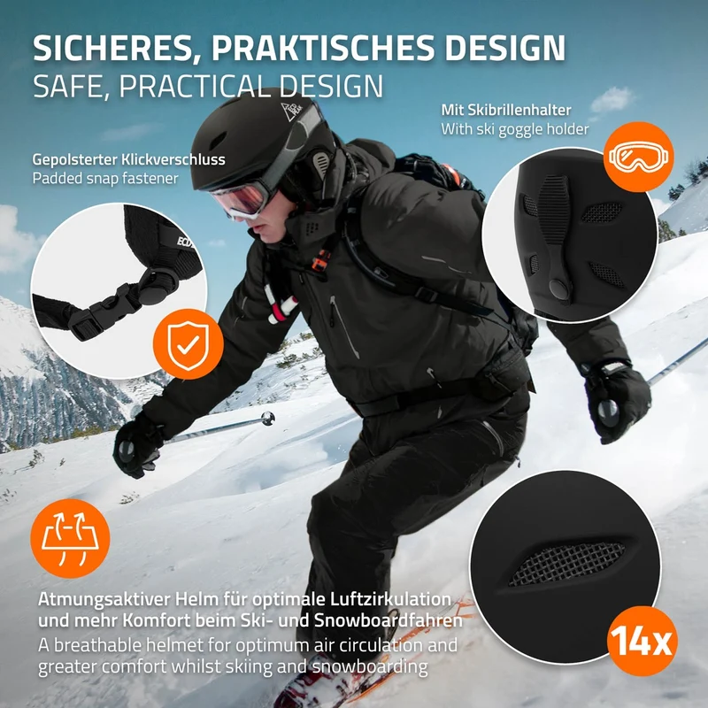 ECD Germany | Skihelm für Herren und Damen M (55-58 cm) Schwarz Snowboardhelm mit Belüftungssystem & Skibrillenhalter, optimaler Schutz & Tragekomfort