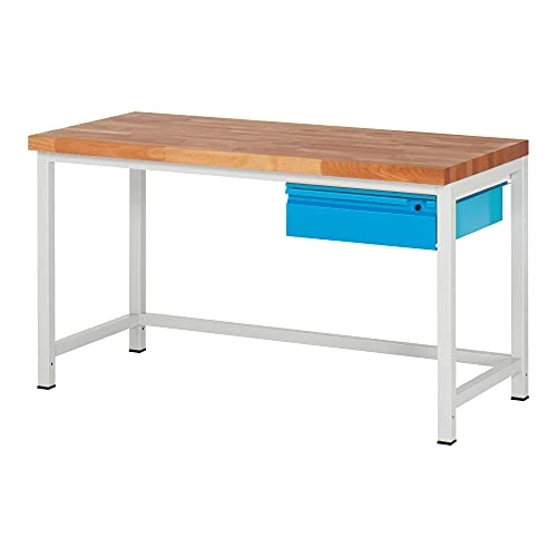 STIER Höhenverstellbare Werkbank Premium mit 1 Schublade BxTxH 1500x700x840-1040mm RAL 7035 / RAL 5012