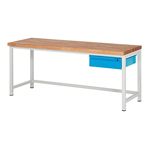 STIER Höhenverstellbare Werkbank Premium mit 1 Schublade BxTxH 1500x700x840-1040mm RAL 7035 / RAL 5012