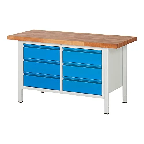 STIER Höhenverstellbare Werkbank Premium mit 1 Schublade BxTxH 1500x700x840-1040mm RAL 7035 / RAL 5012