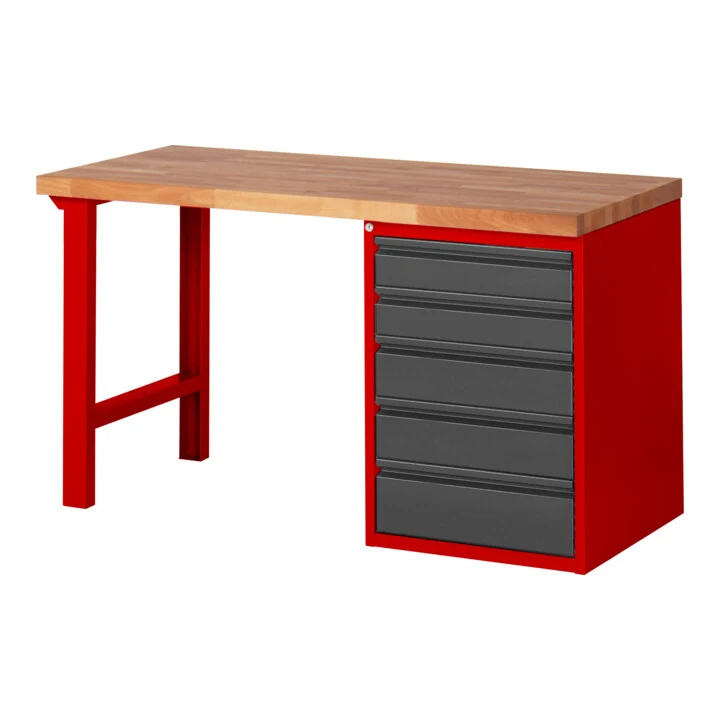 STIER Werkbank Premium mit 5 Schubladen BxTxH 1500x700x840mm RAL 3000 / anthrazitmetall
