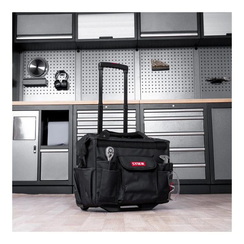 STIER Werkzeugtrolley Premium+ leer Werkzeugkoffer schwarz 19 Fächer reißfest