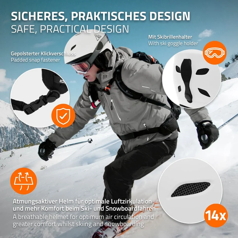 ECD Germany | Skihelm für Herren und Damen S (51-54 cm) Weiß Snowboardhelm mit Belüftungssystem & Skibrillenhalter, optimaler Schutz & Tragekomfort