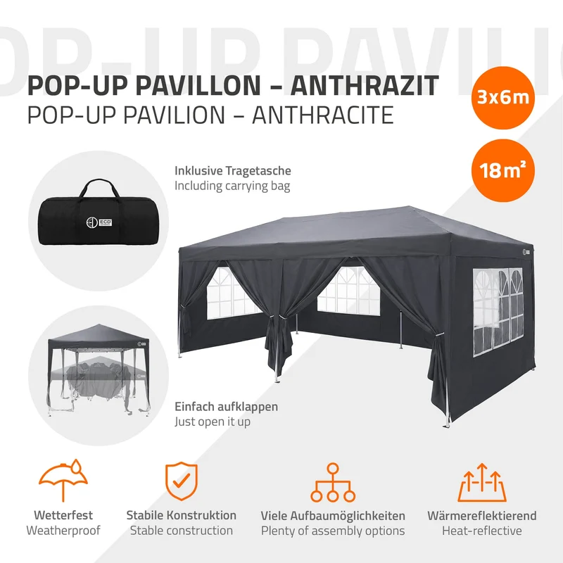 ECD Germany | Pavillon Pop Up B-Ware Wasserabweisend mit 6 Seitenwänden 3x6 m Polyester Oxford-Gewebe Anthrazit Faltpavillon Gartenpavillon Gartenzelt