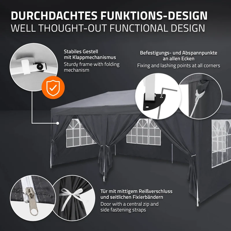 ECD Germany | Pavillon Pop Up B-Ware Wasserabweisend mit 6 Seitenwänden 3x6 m Polyester Oxford-Gewebe Anthrazit Faltpavillon Gartenpavillon Gartenzelt