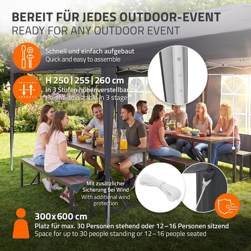 ECD Germany | Pavillon Pop Up B-Ware Wasserabweisend mit 6 Seitenwänden 3x6 m Polyester Oxford-Gewebe Anthrazit Faltpavillon Gartenpavillon Gartenzelt