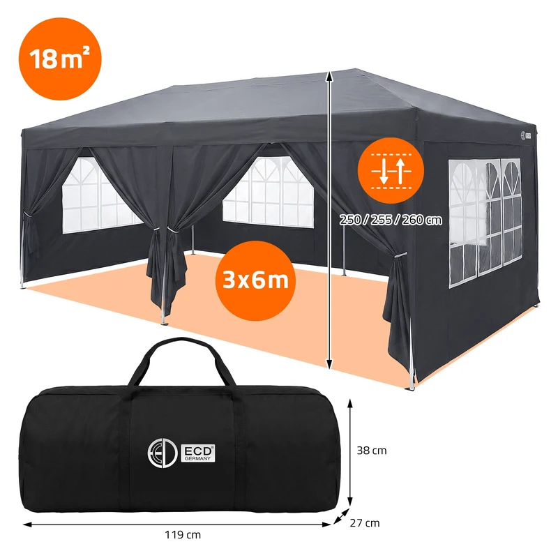 ECD Germany | Pavillon Pop Up B-Ware Wasserabweisend mit 6 Seitenwänden 3x6 m Polyester Oxford-Gewebe Anthrazit Faltpavillon Gartenpavillon Gartenzelt