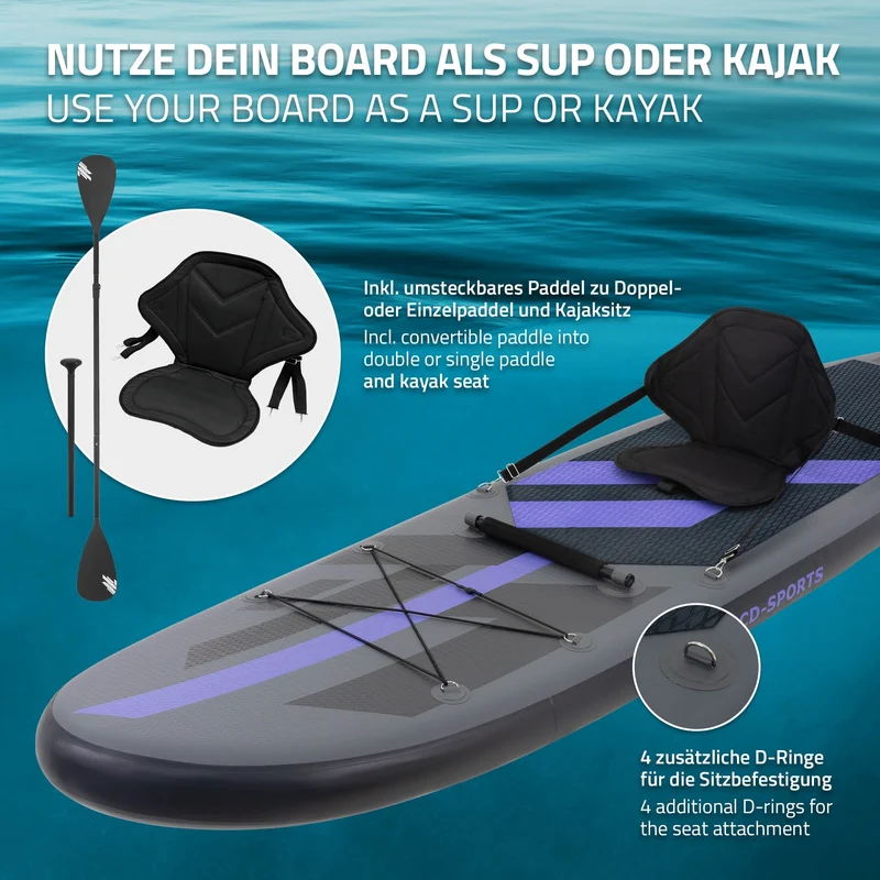 Stand Up Paddle aufblasbares SUP Board mit Kajak Sitz 320x82x15 cm in Schwarz aus PVC inkl. Pumpe und Tragetasche